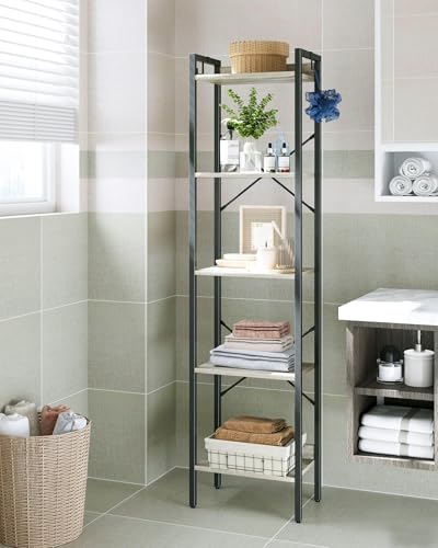Hzuaneri Bookshelf, Book Shelf, Industrial Bookcase with 2 Hooks - color: Greige, size: 9.4"D x 15.7"W x 63"H