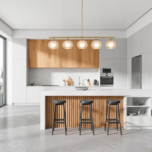 BYOLIIMA Modern Brushed Brass Linear Chandelier Amber Ribbed Glass Shade 5-Lights Gold Mid Century Sputnik Globe Pendant Light Farmhouse Ceiling Hanging Light Fixture Dining Room Kitchen Island - color: Gold/Amber
