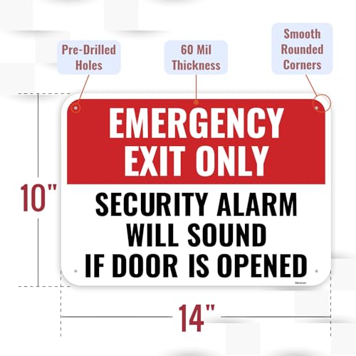 2PC Emergency Exit Only Sign, 14 x 10 Inches - Aluminum - Security Alarm Will Sound If Door Is Opened - color: 14" x 10"