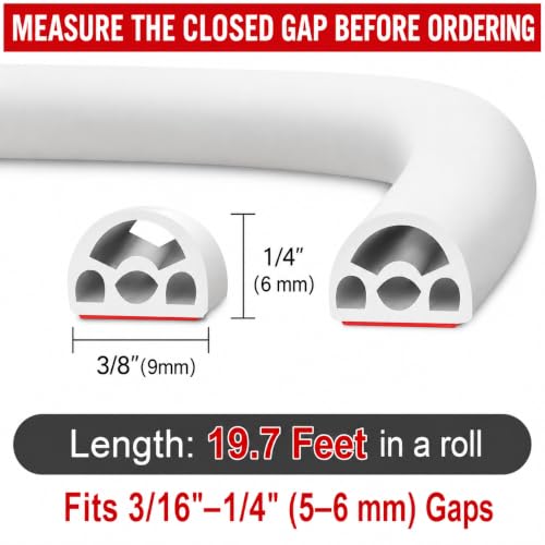 Benory Silicone Door Weather Stripping, Fits 3/16"–1/4" Gaps, 19.7FT White - color: White, size: 3/8" (W) x 1/4" (T) x 19.7' (L)