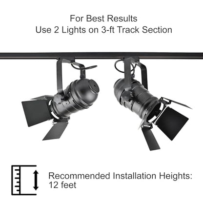 TRK9000 Industrial Track Light Head with Barn Door Flippers, Theater Studio Track Lighting for Showroom or Home, E26 Base PAR30 A19 ST64 Bulbs, Halo H‑Track Compatible, Black Metal