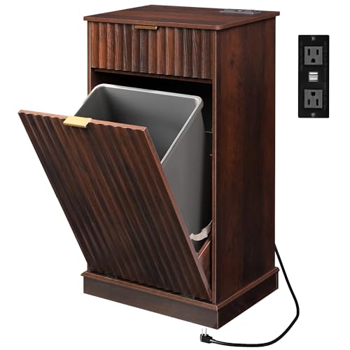 WLIVE 10 Gallon Tilt Out Trash Can Cabinet, Hidden Trash Can Cabinet with 2 AC+ USB Outlets, Storage Drawer, Food/Clothes Storage Pet Proof Kitchen Trash bin Cabinet for Home, Launday, Brown - color: Brown, size: Single Cabinet with Outlets