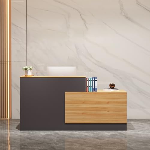 L-Shaped Reception Desk with Lockable Drawers, Adjustable File Cabinet & Keyboard Tray, Modern Front Counter for Office, Salon, or Lobby (Left-L Natural Wood/Slate Gray, 70.9''L x 23.6''W x 41.3''H) - color: Left-l Natural Wood/Slate Gray, size: 70.9''L x