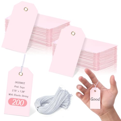200 Pcs Pink Hang Tags with Elastic String 2 3/4" x 1 3/8" Blank Paper Gift Tags with Reinforced Hole, Writable Price Shipping Tags for Inventory Retail Labeling Wedding Favors Valentine's Day - color: Pink, size: 2 3/4" × 1 3/8"