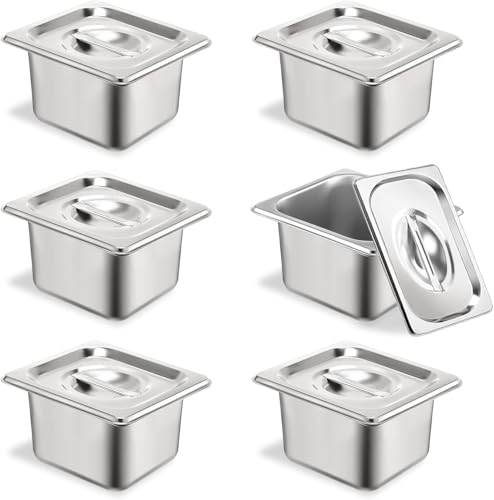 6 Pack Stainless Steel Hotel Pans with Lids, 1/6 Size 4 Inch Deep Steam Table Food Pans for Catering, Buffet and Food Prep - color: 1/6, size: 4inch
