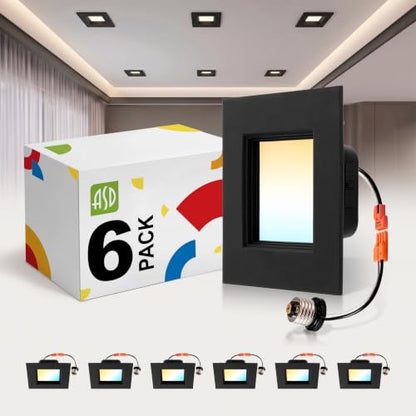 ASD LED Black Retrofit 4 Inch Recessed Lights - Square 9W 709LM 2700-5000K Recessed Lighting 4 Inch, Wet Rated Dimmable Can Lights, Baffle Trim Wafer Lights, UL 6 Pack - color: Black, size: 6 Pack