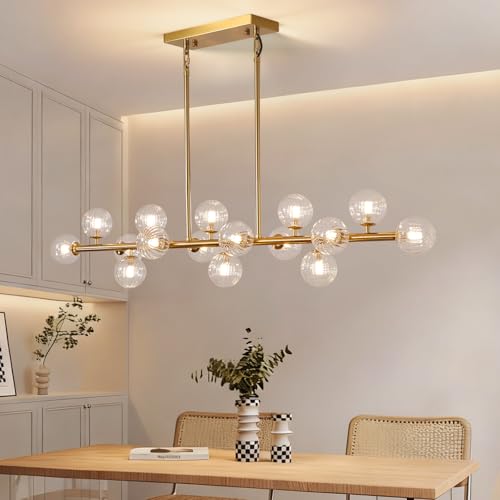 Gold Globe Chandelier Linear Rectangle Modern Chandelier Glass Pendant Light Fixture Adjustable for Dining Living Room Kitchen Island 55" - color: transparent-55in