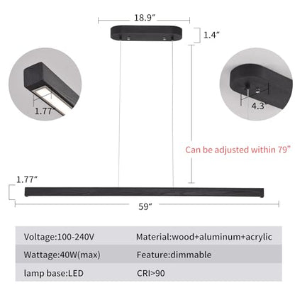 YISDESIGN 59'' LED Pendant Light 40W Dimmable with Remote Wood Linear Chandelier Island Light with Black Finish for Living Room Dining Room Billiard & Pool - color: Black, size: 59in