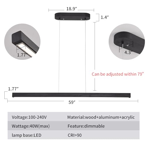 YISDESIGN 59'' LED Pendant Light 40W Dimmable with Remote Wood Linear Chandelier Island Light with Black Finish for Living Room Dining Room Billiard & Pool - color: Black, size: 59in