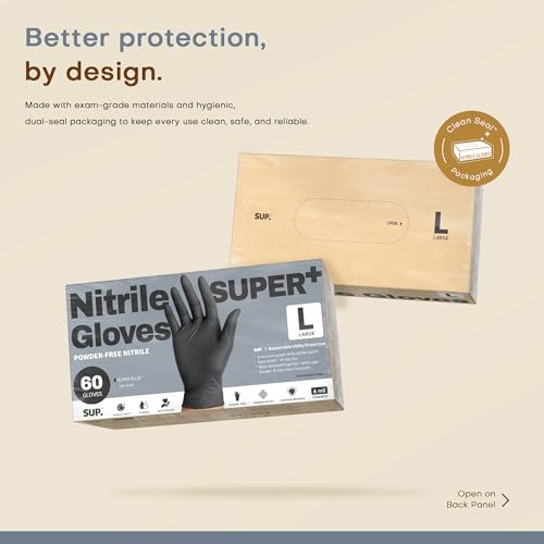 SUPER+ Black Nitrile Gloves HEAVY DUTY 6 Mil Disposable Chemical Resistant Powder & Latex Free Medical Food Safe, 60/600 Ct - color: 60 Large (Black)
