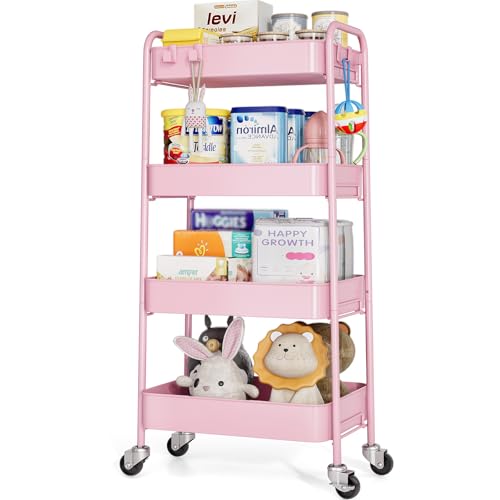 TOOLF 4 Tier Metal Rolling Cart, Utility Storage Cart with Wheels, Pink - color: Pink, size: 4-Tier
