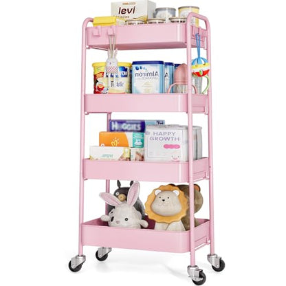 TOOLF 4 Tier Metal Rolling Cart, Utility Storage Cart with Wheels, Pink - color: Pink, size: 4-Tier