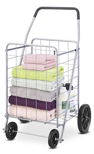 Whitmor Deluxe Utility Foldable Shopping Cart with Wheels, 100 Lb Capacity, Heavy Duty Grocery Cart with Steel Frame, Foam Handle, Rolling Folding Utility Trolley for Grocery, Laundry, Travel, Gray - size: 15.75"L x 17.75"W x 40.5"H, Light Gray