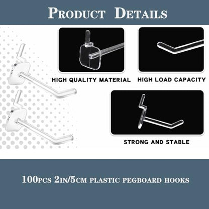 100pcs Plastic Pegboard Hooks Clear Acrylic Hook Plastic Hooks for Retail Peg Board Hooks Peg Board Shelving Hook for Garage Kitchen Peg Boards Craft Storage