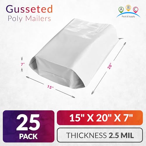 ABC PACK & SUPPLY Gusseted Poly Mailers, 15 x 20 x 7 Inch, 2.5 Mil White Shipping Bags for Clothing, Self Seal Plastic Mailing Envelopes, Pack of 25 - size: 15" x 20" x 7" / 25 Pack