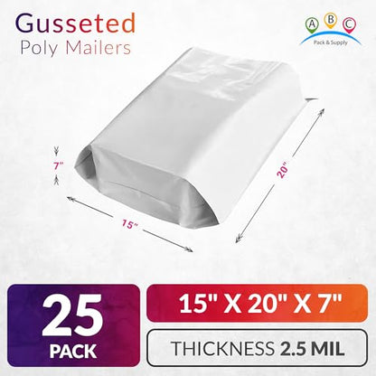 ABC PACK & SUPPLY Gusseted Poly Mailers, 15 x 20 x 7 Inch, 2.5 Mil White Shipping Bags for Clothing, Self Seal Plastic Mailing Envelopes, Pack of 25 - size: 15" x 20" x 7" / 25 Pack