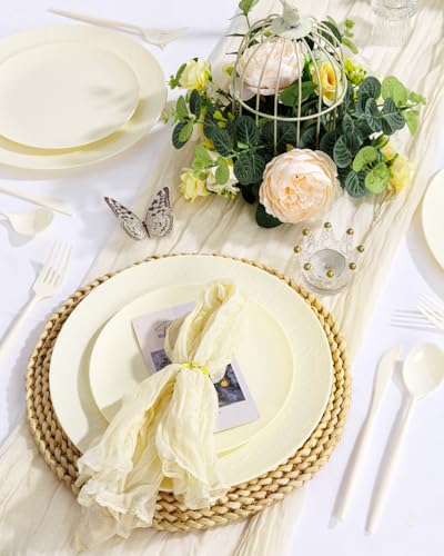32pcs Ivory Unbreakable Reusable Plastic Plates for Wedding Party - color: Ivory