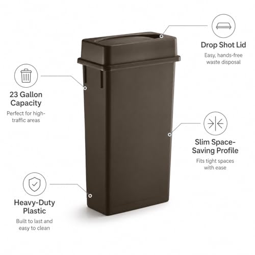 23 Gallon Slim Rectangular Commercial Trash Can, Heavy Duty Plastic Indoor Waste Bin for Kitchen, Office, Restaurant, School, Restroom & Janitorial Use (Brown, with Lid) - color: Brown