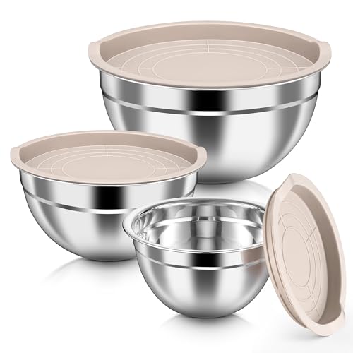 HaWare Mixing Bowls with Airtight Lids, 6-Piece Stainless Steel Salad Bowls - color: Khaki, size: Airtight Lids