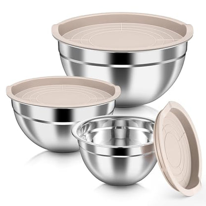 HaWare Mixing Bowls with Airtight Lids, 6-Piece Stainless Steel Salad Bowls - color: Khaki, size: Airtight Lids