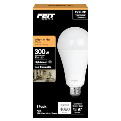 Feit Electric A23 LED Light Bulb, 300W Eq, Bright White - color: 3000k Bright White, size: 300W