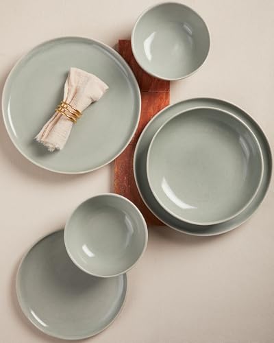 Pokini Stoneware Dinnerware Sets for 4, 12Pcs Ceramic Plates and Bowls Sets - color: Dusty Green, size: Set (12pcs)