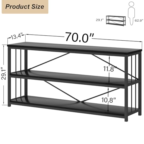 HSH Black Low Bookshelf, Wood Metal 3 Tier Long Horizontal Bookcase for Bedroom, Large Open Etagere Bookshelves with Storage for Home, Wide Under Window Book Shelf for Office Living Room, 70 Inch - color: Black Oak, size: 70 Inch