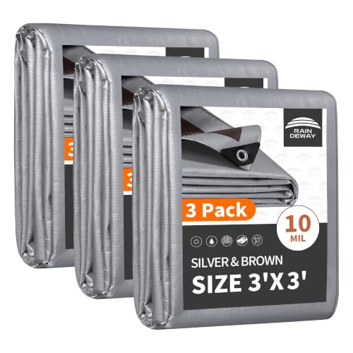 RAINDEWAY 3x3 Feet(3 Pack) Tarps Heavy Duty Waterproof,10Mil Small Tarp - color: Silver/Brown, size: 3x3 Feet (3 Pack)-Finished size