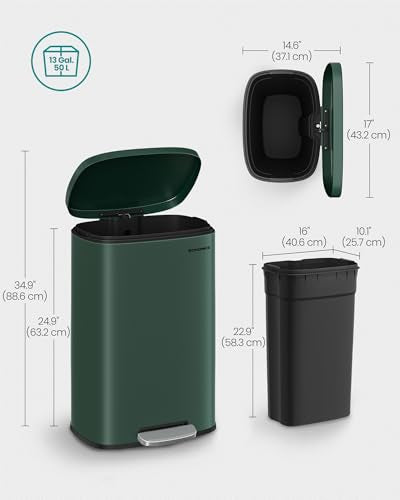 SONGMICS 13 Gallon (50 L) Trash Can, Stainless Steel, Step-On Pedal - color: Retro Green, size: 13 Gal.