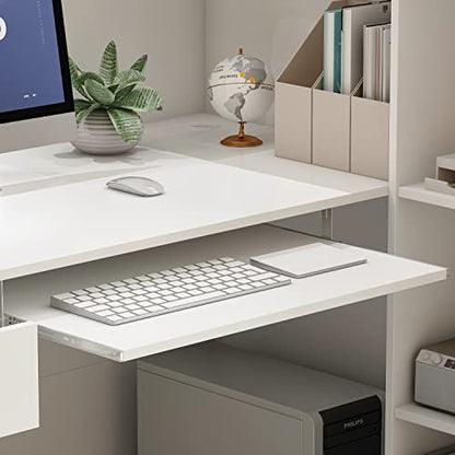 AIEGLE Reception Desk with Hutch, Reception Counter Desk with Lockable Drawers & Shelves, for Salon Recetion Room Retail Counter Checkout Office, White (55.1" W x 43.3" D x 43.3" H) - color: White