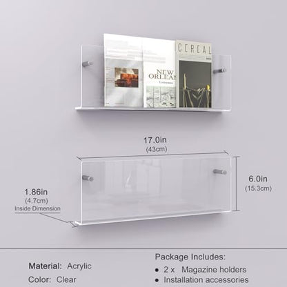 Acrylic Magazine Holder, 2 Pack Hanging Bookshelf Magazine Rack, Wall Mounted Floating Brochure Display for Waiting Room, Office, Home (Clear, 17 Inch) - color: Clear, size: 17 Inch