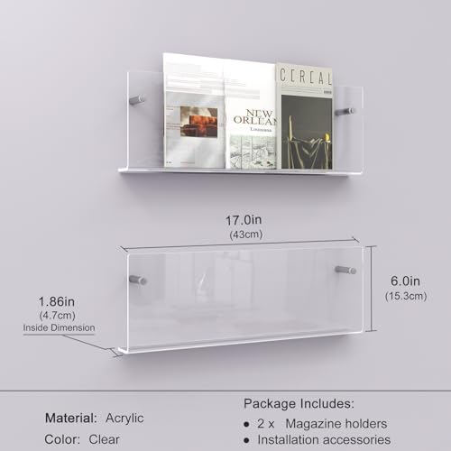 Acrylic Magazine Holder, 2 Pack Hanging Bookshelf Magazine Rack, Wall Mounted Floating Brochure Display for Waiting Room, Office, Home (Clear, 17 Inch) - color: Clear, size: 17 Inch