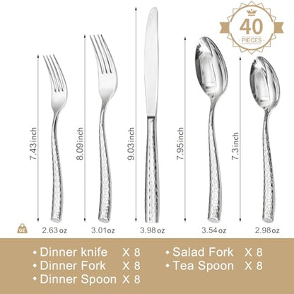 KINGSTONE Hammered Flatware Set, 40-Piece 18/10 Stainless Steel Silverware - size: 40-Piece