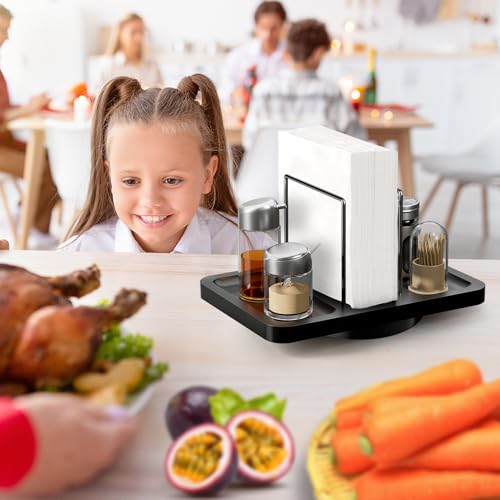 Rotating Napkin Holder for Table with Salt Pepper Shakers Caddy, Black - color: Black