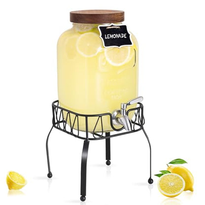 Mustry 1 Gallon Glass Drink Dispenser for Parties with Stand & Acacia Lid - size: Single, with Stand