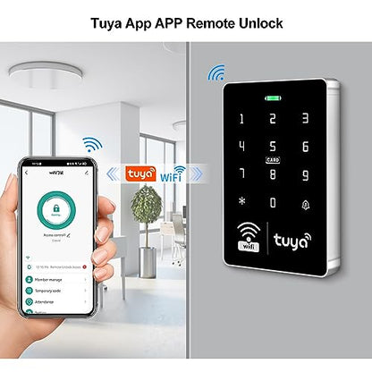 WiFi Tuya APP Access Control System Waterproof Kits RFID Keypad Controller 125KHz 13.56MHz + Door Electric Strike Lock + DC12V Power Supply, 10,000 Large User Capacity