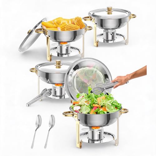4-Pack 5QT Round Chafing Dish Buffet Set, Stainless Steel