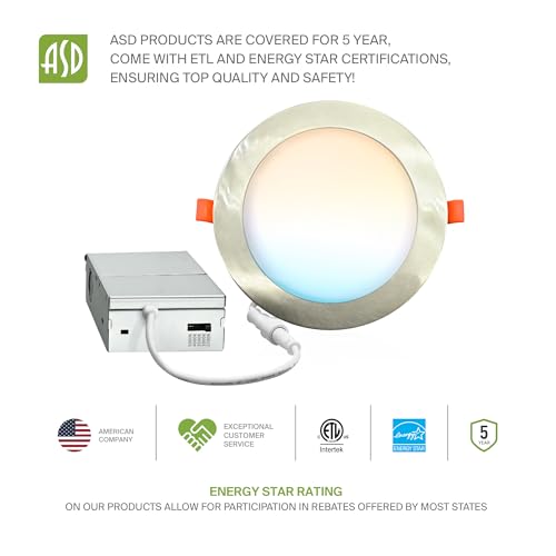 ASD 6 Pack LED Recessed Lighting 6 Inch 12W, 5 CCT 2700K-5000K CRI90+, IC Rated Ultra Thin Dimmable Ceiling Lights with J Box, Canless Wafer Downlight, Round Slim Panel Light, Energy Star ETL, Nickel - color: Nickel, size: 6 Inch 6 Pack