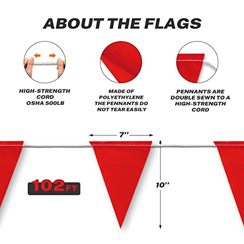 Caution Barricade Flags (102FT string) Warn of hazardous areas, traffic control.Marking construction sites, scaffolding, sporting events, private property. - color: Red, size: 7"x10"x102Ft