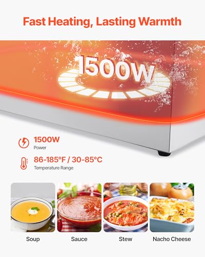 VEVOR Commercial Food Warmer, 1500W Electric Stainless Steel Steam Food Warmer, Fast Heating Countertop Buffet Bain Marie with Four 1/3 Size Food Pans, for Catering, Restaurants, Parties & Buffets - size: 29.13 x 13.98 x 10.63 in