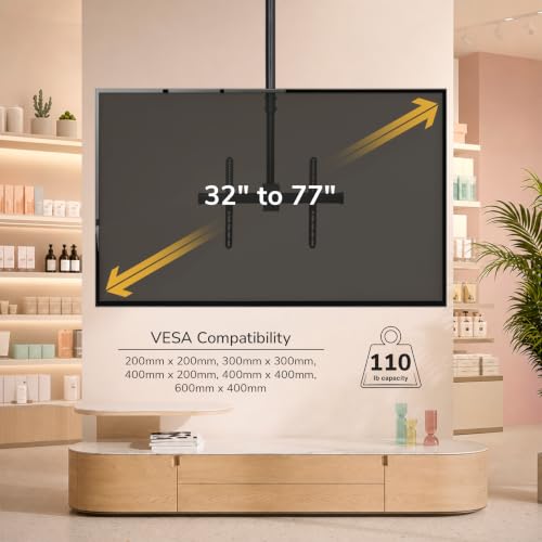 Mount-It! Ceiling TV Mount for 32-75 Inch TVs, Telescoping Pole 41.7-61.7 in, Tilt Swivel 360, VESA 600x400, 110 lb Capacity, Alloy Steel (MI-509L), Black - color: Black, size: 5 Feet