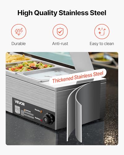 VEVOR Commercial Food Warmer, 1500W Electric Stainless Steel Steam Food Warmer with Glass Cover, 6 x 1/3 Size Pans Buffet Bain Marie with Soup & Perforated Ladles, for Catering, Restaurant & Party - size: 6x1/3Pan