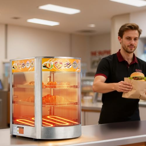 VEVOR 3-Tier Commercial Food Warmer Display, 800W Food Display Warmer with LED Light, Adjustable Shelf and Stainless Steel Frame, 86℉~185℉ Air Heating, 60L for Hamburger, Pizza, Bread, Fried Chicken - size: 3-Tier-42Qt