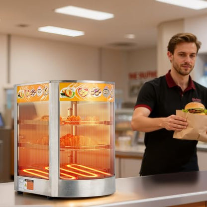 VEVOR 3-Tier Commercial Food Warmer Display, 800W Food Display Warmer with LED Light, Adjustable Shelf and Stainless Steel Frame, 86℉~185℉ Air Heating, 60L for Hamburger, Pizza, Bread, Fried Chicken - size: 3-Tier-42Qt