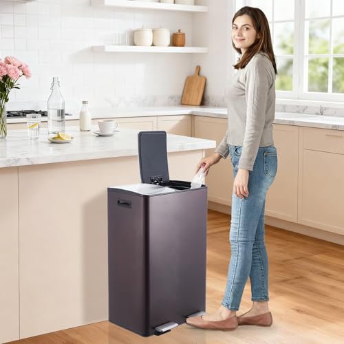 Garvee Dual Trash Can, 16 Gal (2 x 30 l) Stainless Steel Kitchen Garbage Can with Lid and Inner Bucket, Double Compartment Trash and Recycle Bin Combo with Step Pedal for Home Office, Brown - color: Brown, size: 30L+30L