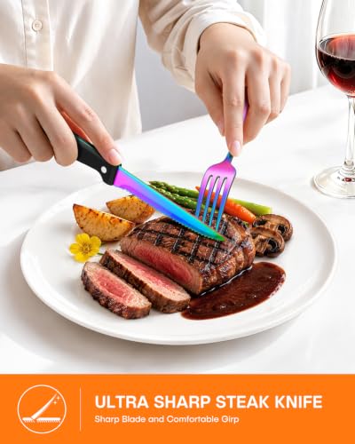 EUIRIO 24 Piece Rainbow Silverware Set with Steak Knives Stainless Steel Flatware Set for 4 Cutlery Utensil Set Mirror Polished Dishwasher Safe for Home Restaurant - color: Rainbow