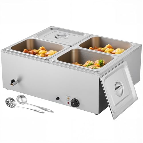 VEVOR Commercial Food Warmer, 1500W Electric Stainless Steel Steam Food Warmer with Lid, 4-Pan Fast Heating Countertop Buffet Bain Marie with Soup & Perforated Ladles, for Catering, Restaurant, Party - size: 4x1/2Pan;48QT