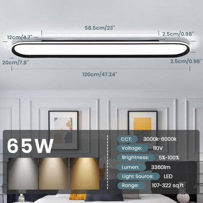 ADISUN Modern LED Ceiling Light Dimmable Linear Ceiling Light 47in Semi Flush Mount Long Lights with Remote Control and Side Lighting for Living Room Kitchen Dining Room (65W) - color: Black-1Pack, size: 47 Inch