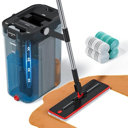 HoMettler 3-Tank Transparent Mop and Bucket Set with Separate Dirty & Clean Water, 65" Flat Mop for Floor Cleaning, 4 Machine Washable Microfiber Pads for Wood Tile - Black - color: Black