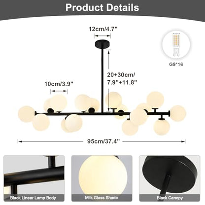 KCO Lighting Farmhouse Dining Room Chandelier Globe Linear Chandelier Black Milk Glass Chandelier 16 Light Sputnik Chandelier Mid Century Modern Hanging Pendant Light Fixture - color: 16 Light-Black